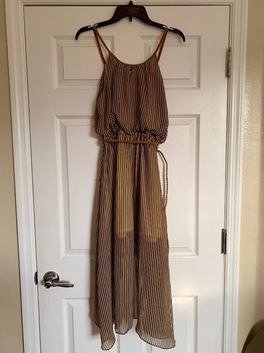 Double Zero Chiffon High-Low Striped Midi Dress with Braided Belt Size M